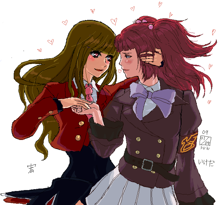 ikeda (cpt), mammon (umineko), stakes of purgatory, ushiromiya ange, umineko no naku koro ni, bad id, bad pixiv id, 00s, 2girls, armband, blush, brown hair, hair bobbles, hair ornament, heart, jacket, long hair, multiple girls, necktie, pink necktie, red eyes, red hair, ribbon, twintails, yuri