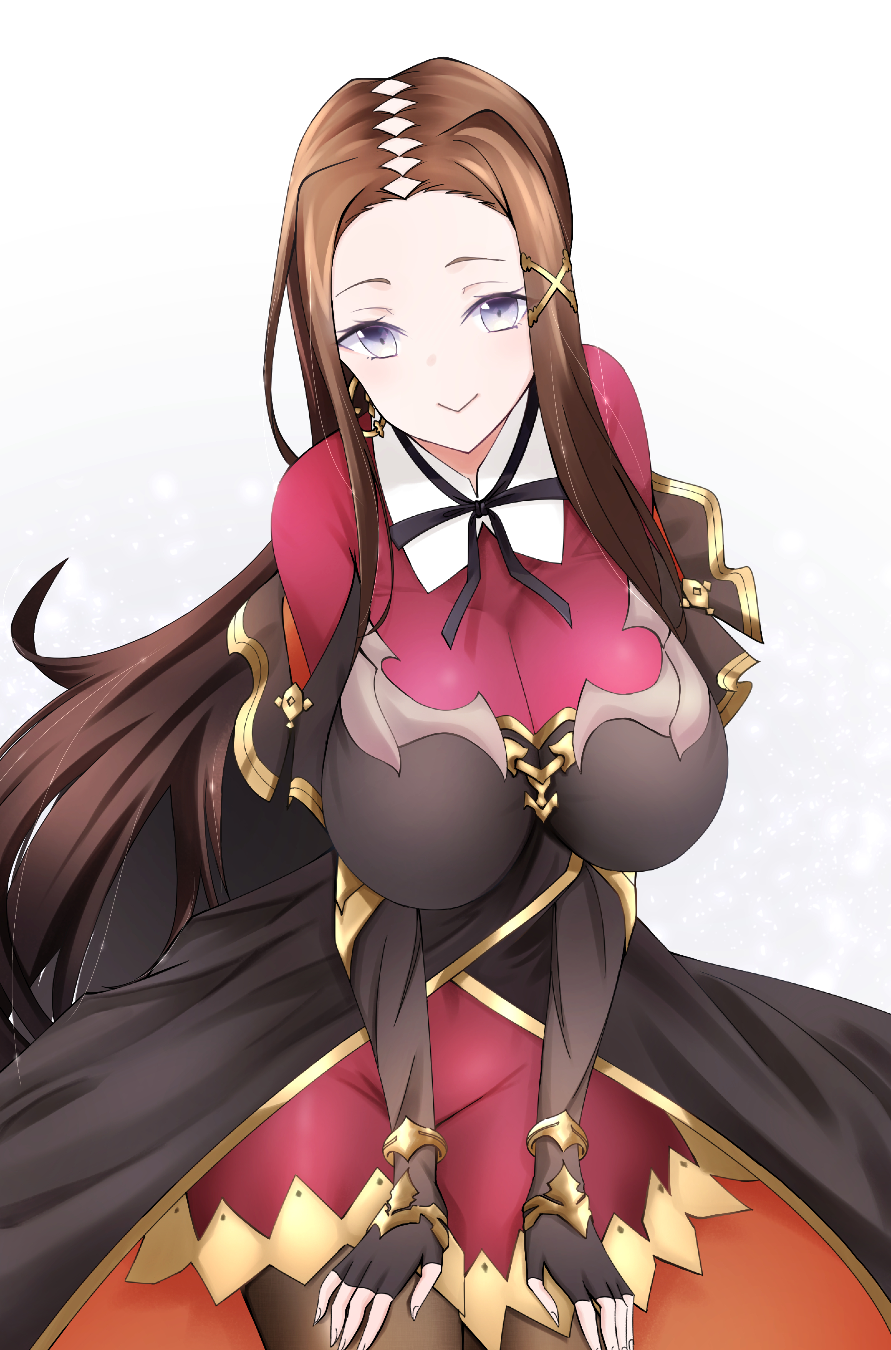 mona lisa (grimms notes), grimms notes, absurdres, highres, artz sama, breasts, brown hair, closed mouth, grey hair, hanging breasts, huge breasts, looking at viewer, simple background, smile, white background