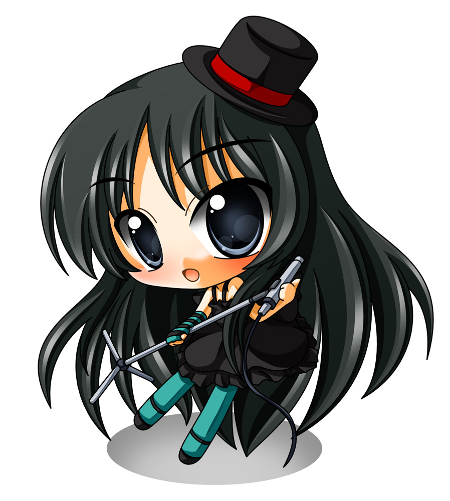 shinjitsu, akiyama mio, don't say "lazy", k-on!, striped, bad id, bad pixiv id, 00s, 1girl, black hair, blue eyes, blue pantyhose, chibi, elbow gloves, female focus, fingerless gloves, gloves, hat, long hair, microphone, microphone stand, mini hat, mini top hat, pantyhose, solo, top hat