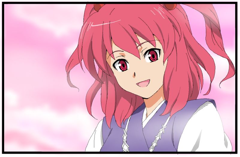 ikuya koimori, onozuka komachi, touhou, 1girl, female focus, gradient background, red eyes, red hair, smile, solo, twintails, two side up