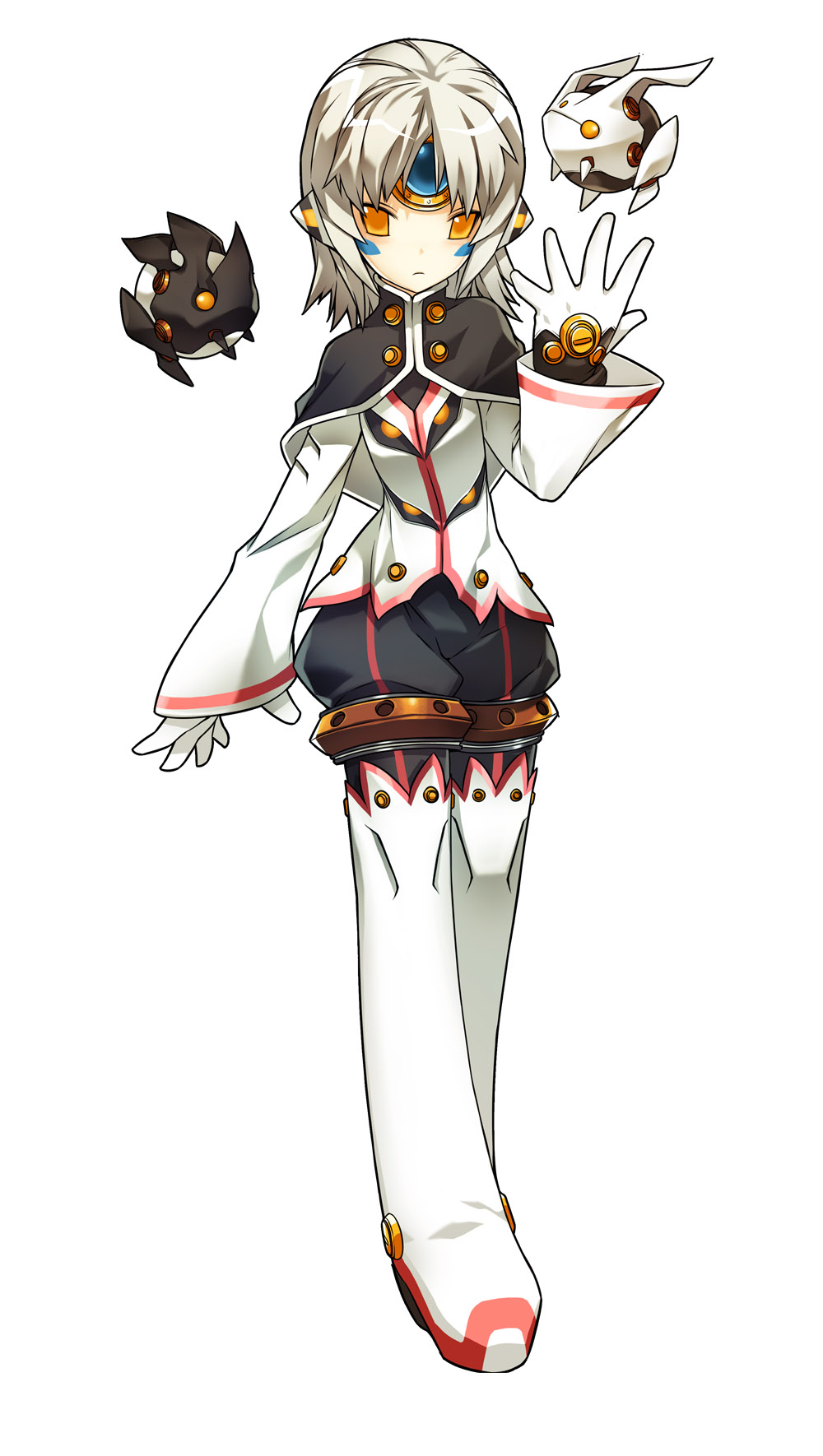 ress, another code (elsword), eve (elsword), moby (elsword), remy (elsword), elsword, highres, official art, 1girl, boots, capelet, expressionless, female focus, forehead jewel, gloves, no nose, pants, robot, shirt, short hair, solo, standing, thigh boots, thighhighs, white background, white boots, white gloves, white hair, yellow eyes