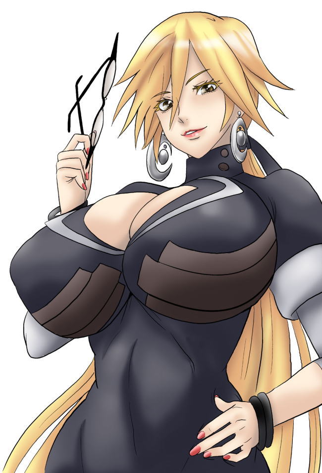 toryuu, haruka gracia, basquash!, bad id, bad pixiv id, 00s, 1girl, blonde hair, bodysuit, breasts, cleavage, cleavage cutout, clothing cutout, earrings, glasses, hand on own hip, holding, holding removed eyewear, huge breasts, jewelry, lipstick, long hair, makeup, nail polish, ponytail, red nails, skin tight, unworn eyewear, very long hair, yellow eyes