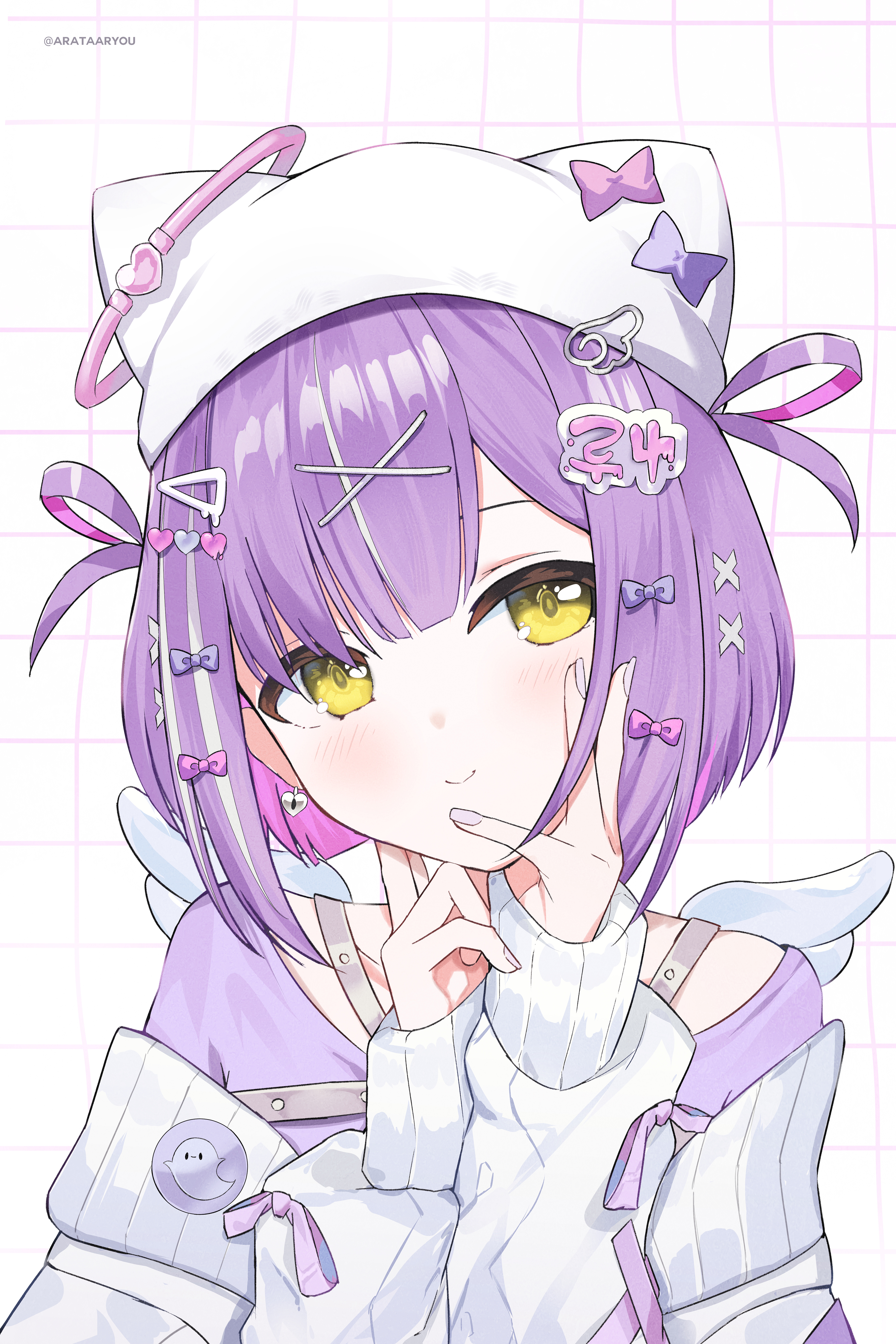 arata ryou, shinomiya runa, vspo!, absurdres, commentary request, highres, 1girl, angel wings, angel wings hair ornament, animal hat, artist name, blush, bow, cat hat, closed mouth, colored inner hair, earrings, grid background, hair bow, hair ornament, hands on own face, hat, hat bow, head tilt, heart, heart earrings, jacket, jewelry, long sleeves, looking at viewer, multicolored hair, nail polish, pink hair, pink nails, purple hair, purple shirt, shirt, short hair, sleeves past wrists, smile, solo, streaked hair, triangle hair ornament, upper body, virtual youtuber, white hair, white hat, white jacket, wings, x hair ornament