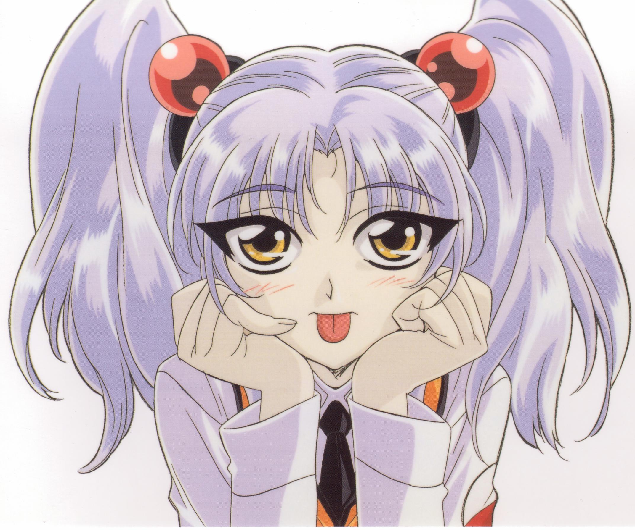 hoshino ruri, kidou senkan nadesico, highres, :p, blue hair, hair bobbles, hair ornament, long hair, necktie, solo, sphere hair ornament, tongue, tongue out, twintails, yellow eyes