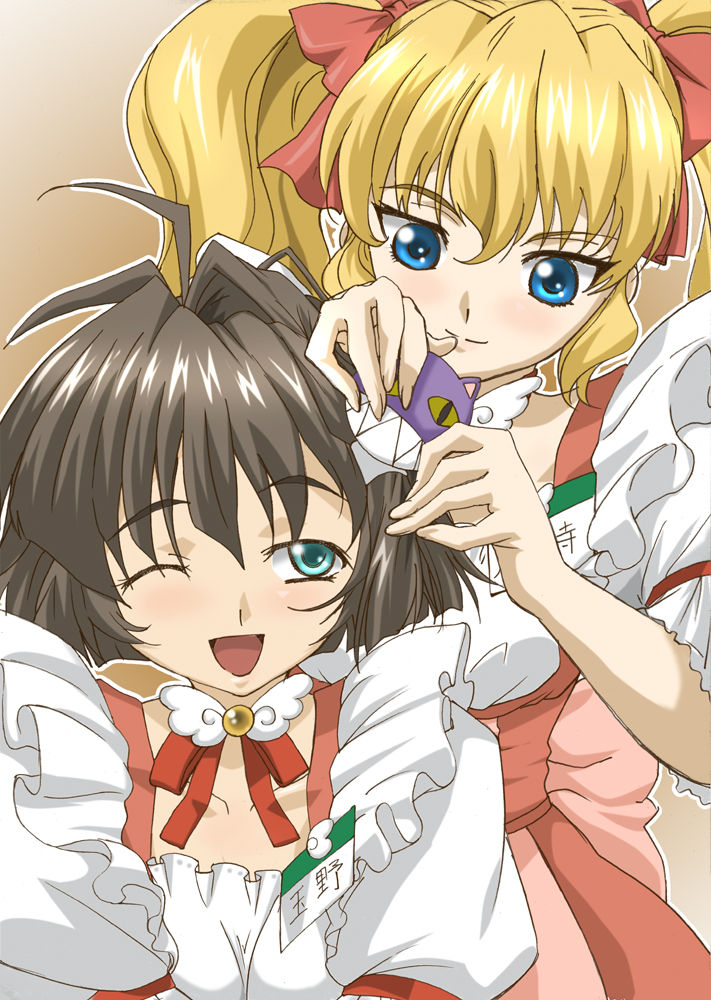 daikuuji ayu, tamano mayu, kimi ga nozomu eien, 00s, 2girls, ahoge, black hair, blonde hair, blue eyes, green eyes, hair ribbon, long hair, maid, multiple girls, ribbon, short hair, twintails, waitress, wink