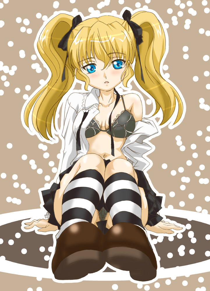 daikuuji ayu, kimi ga nozomu eien, 00s, blonde hair, blue eyes, bra, hair ribbon, kneehighs, lingerie, long hair, navel, open clothes, open shirt, panties, ribbon, shirt, socks, solo, striped clothes, striped socks, twintails, underwear