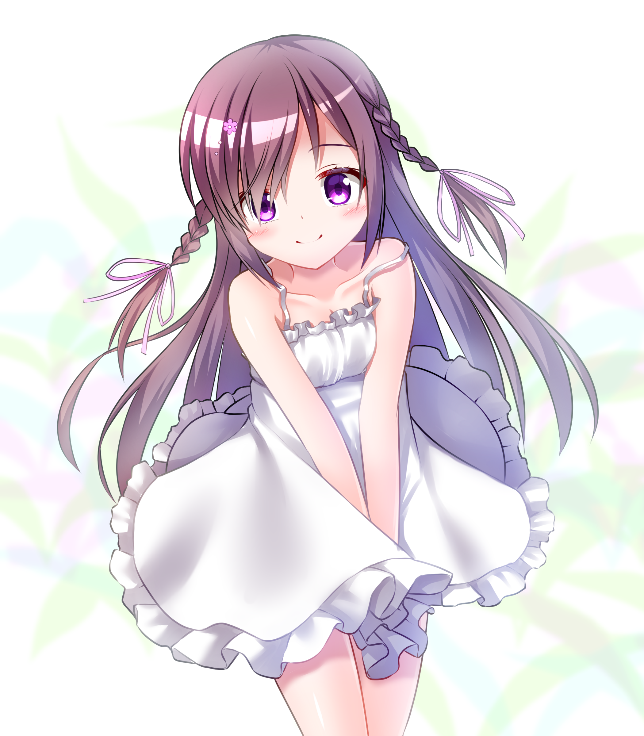 getsuyoshi, re:stage!, absurdres, commentary, highres, 1girl, bare arms, bare shoulders, blush, braid, breasts, cleavage, closed mouth, collarbone, cowboy shot, dot nose, dress, flower, hair flower, hair ornament, hair over one eye, hair ribbon, long hair, looking at viewer, mizushino sono, own hands together, purple eyes, purple flower, purple hair, purple ribbon, ribbon, sleeveless, sleeveless dress, small breasts, smile, solo, spaghetti strap, strap slip, sundress, twin braids, white dress