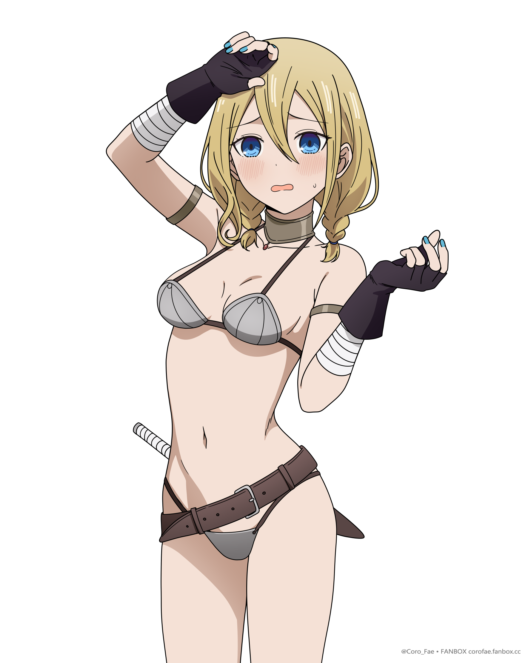 coro fae, hayasaka ai, kaguya-sama wa kokurasetai ~tensai-tachi no renai zunousen~, commentary, english commentary, highres, 1girl, arm strap, arm up, armor, artist name, bandaged arm, bandages, belt, belt buckle, bikini armor, black gloves, blonde hair, blue eyes, blue nails, blush, breasts, buckle, collar, collarbone, cowboy shot, dagger, dot nose, double-parted bangs, fingerless gloves, gloves, grey belt, hair between eyes, hand up, knife, long bangs, medium breasts, medium hair, metal collar, navel, open mouth, raised inner eyebrows, sheath, sheathed, simple background, solo, standing, stomach, sweat, weapon, white background