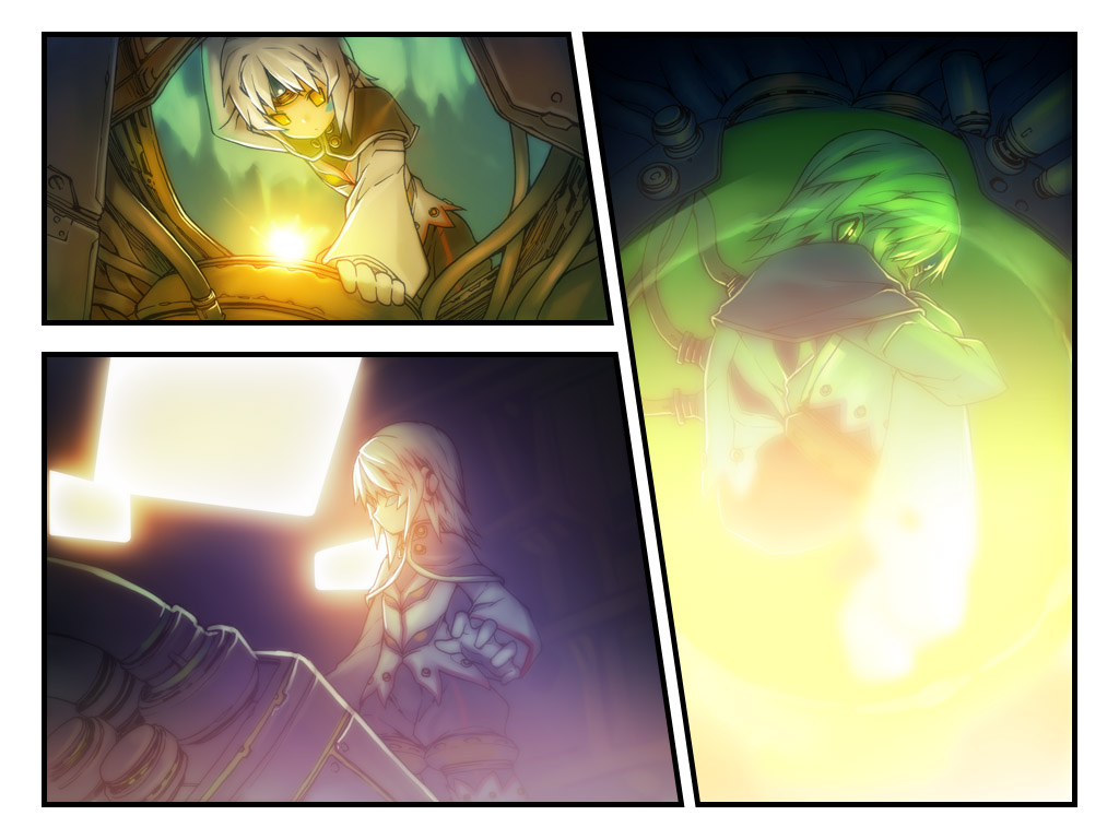 ress, another code (elsword), eve (elsword), elsword, official art, official wallpaper, 1girl, cable, cape, closed eyes, fetal position, gloves, short hair, white hair, yellow eyes