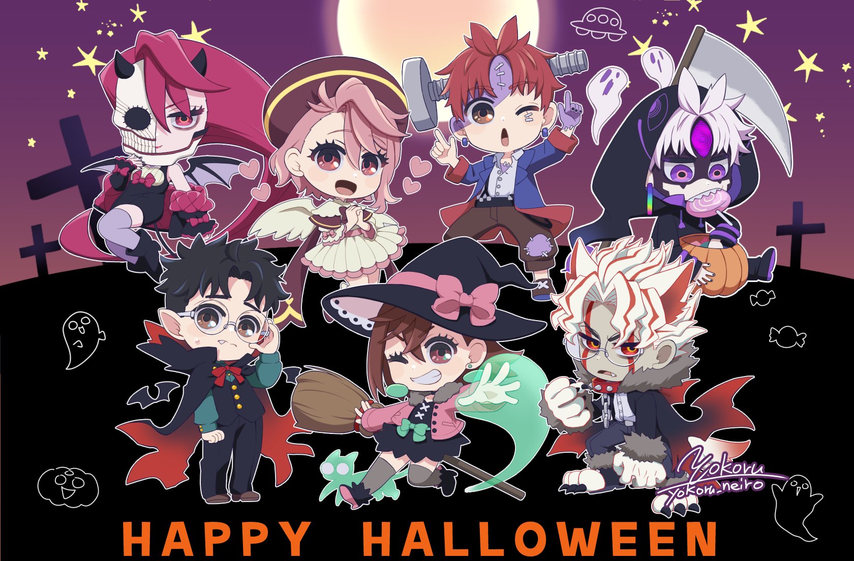 yokoru, acrobatic silky (dandadan), ayase momo, death (entity), enjoji jin, evil eye (dandadan), frankenstein's monster, grim reaper, shiratori aira (dandadan), takakura ken (dandadan), takakura ken (transformed) (dandadan), dandadan, highres, 3girls, 4boys, adjusting eyewear, angel, angel wings, artist name, barefoot, black boots, black cape, black dress, black hair, black hat, black hood, black jacket, black pants, blue jacket, boots, broom, brown eyes, brown hair, brown hat, brown pants, brown shoes, cape, cat, chibi, chibi only, clawed feet, cloak, colored skin, cosplay, crossed bangs, demon costume, demon girl, demon horns, demon wings, dress, dual persona, earrings, facial mark, fang, fang out, frankenstein's monster (cosplay), full moon, fur-trimmed jacket, fur trim, furrowed brow, gakuran, ghost, glasses, graveyard, grey skirt, grey thighhighs, grim reaper (cosplay), grin, half mask, halloween bucket, halloween costume, happy halloween, hat, hood, hood up, hooded cloak, horns, jacket, jewelry, lollipop in mouth, long hair, mask, moon, multicolored hair, multicolored skin, multiple boys, multiple girls, object through head, one eye closed, one eye covered, outstretched hand, own hands clasped, own hands together, pants, parted bangs, parted lips, pink hair, pink jacket, pointing, pointing up, purple eyes, purple skin, red eyes, red hair, round eyewear, scar, scar on arm, school uniform, screw in head, scythe, sharp teeth, shoes, short hair, skirt, smile, streaked hair, suit jacket, teeth, thighhighs, third eye, two-tone skin, vampire costume, very long hair, werewolf costume, white dress, white hair, wings, witch, witch hat