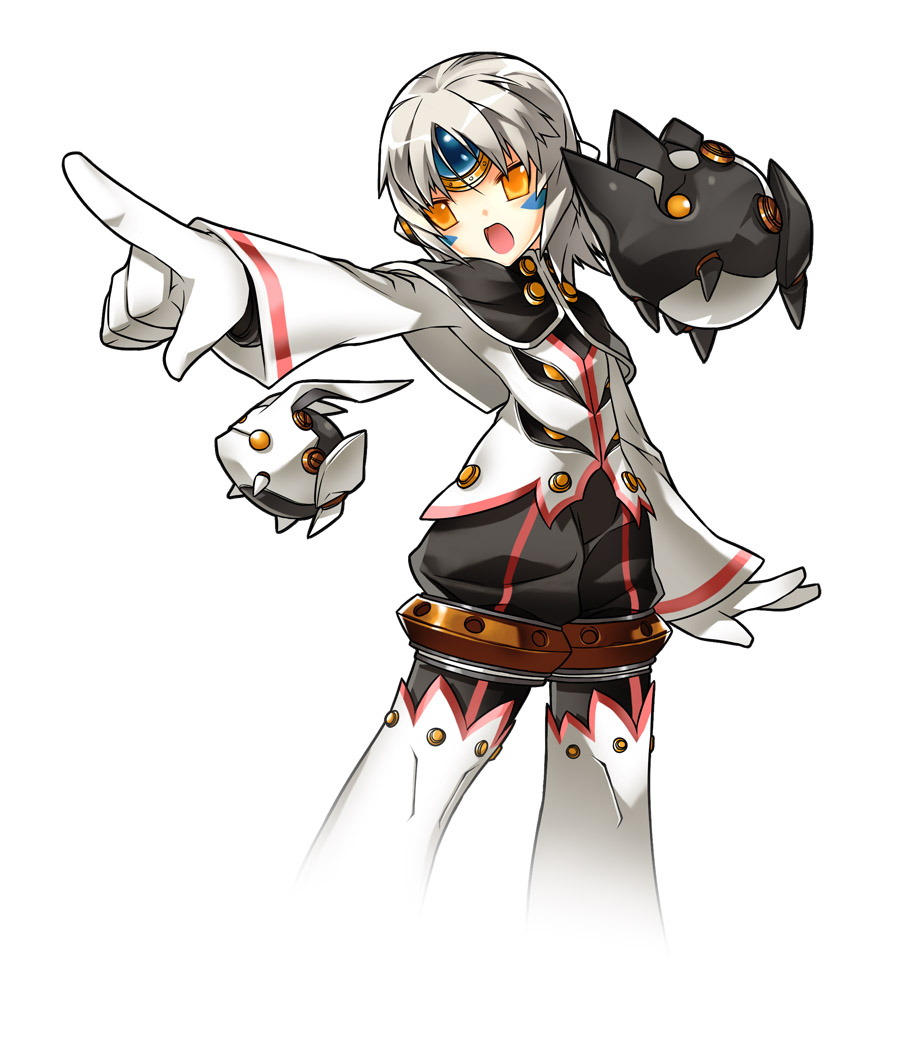 ress, another code (elsword), eve (elsword), moby (elsword), remy (elsword), elsword, official art, 1girl, boots, female focus, gloves, objection, pointing, short hair, solo, white background, white boots, white hair, yellow eyes
