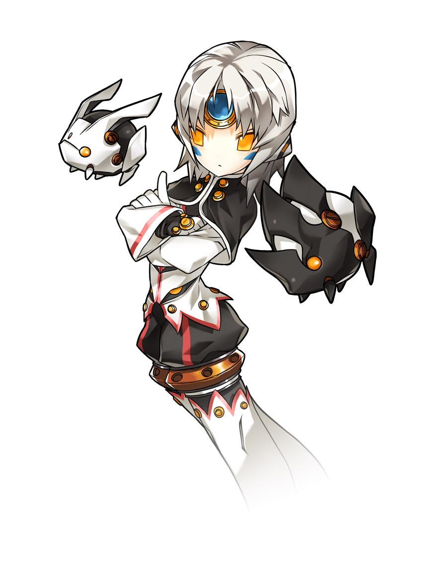 ress, another code (elsword), eve (elsword), moby (elsword), remy (elsword), elsword, official art, 1girl, boots, crossed arms, female focus, gloves, no nose, short hair, solo, white background, white boots, white hair, yellow eyes