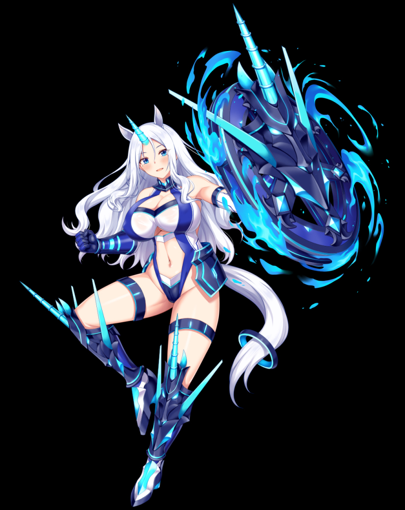 horosuke, choukou (alicesoft), choukou taisen escalation heroines, official art, 1girl, animal ears, blue eyes, blue gloves, blush, breasts, clothing cutout, gloves, holding, holding shield, horns, horse ears, large breasts, long hair, looking at viewer, navel, navel cutout, nicole quadriga, shield, smile, solo, tachi-e, thick thighs, thighs, unicorn horn, white hair