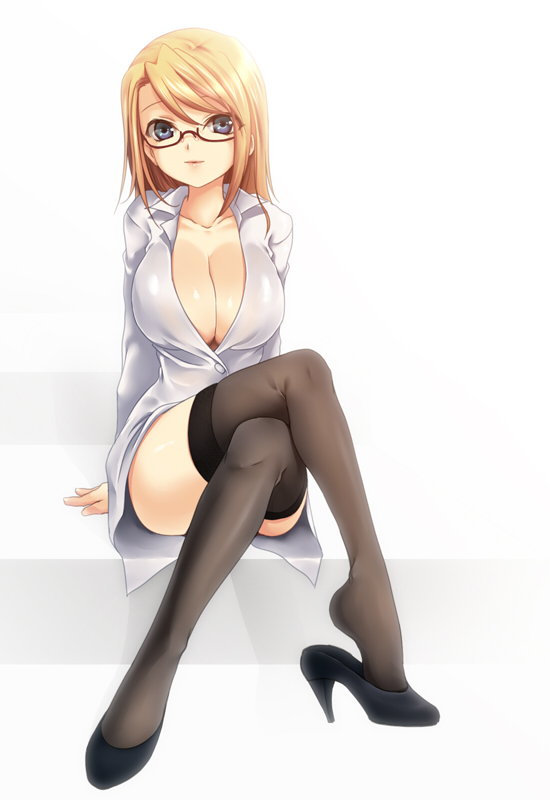 jyuru, cecilia (pangya), pangya, 1girl, arm support, arms behind back, black thighhighs, blonde hair, blue eyes, breasts, cleavage, collarbone, crossed legs, female focus, glasses, high heels, huge breasts, legs, long hair, looking at viewer, open clothes, open shirt, semi-rimless eyewear, shirt, shoe dangle, shoes, sitting, solo, thighhighs, under-rim eyewear