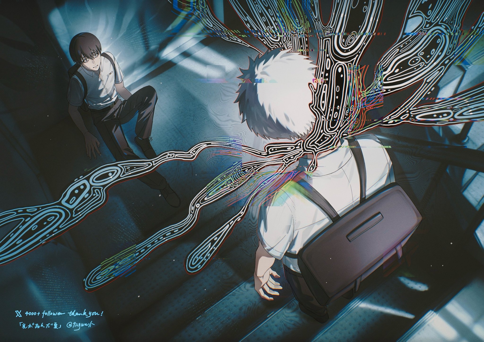 kaeru (qingwali), indou hikaru, tsujinaka yoshiki, hikaru ga shinda natsu, commentary request, highres, 2boys, backpack, bag, belt, black bag, black belt, black hair, black pants, black shoes, body horror, buttons, collared shirt, from above, full body, glitch, hair between eyes, horror (theme), looking at another, male focus, milestone celebration, mole, mole under eye, mole under mouth, multiple boys, multiple moles, on floor, pants, pocket, scared, shirt, shirt tucked in, shoes, short hair, short sleeves, sitting, stairs, twitter username, twitter x logo, white hair, white shirt