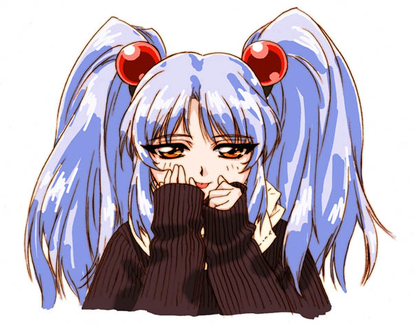 hoshino ruri, kidou senkan nadesico, :p, blue hair, hair bobbles, hair ornament, long hair, scarf, solo, sphere hair ornament, sweater, tongue, tongue out, twintails, yellow eyes