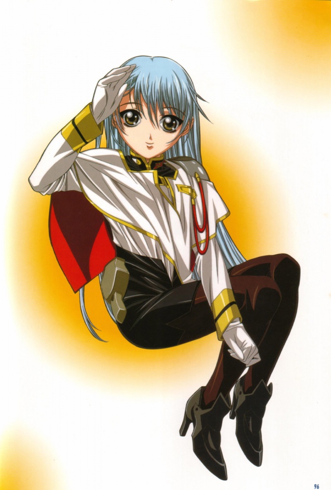 gotou keiji, hoshino ruri, kidou senkan nadesico, kidou senkan nadesico – prince of darkness, 1990s (style), 1girl, blue hair, female focus, gloves, hair down, long hair, pantyhose, retro artstyle, solo, yellow eyes