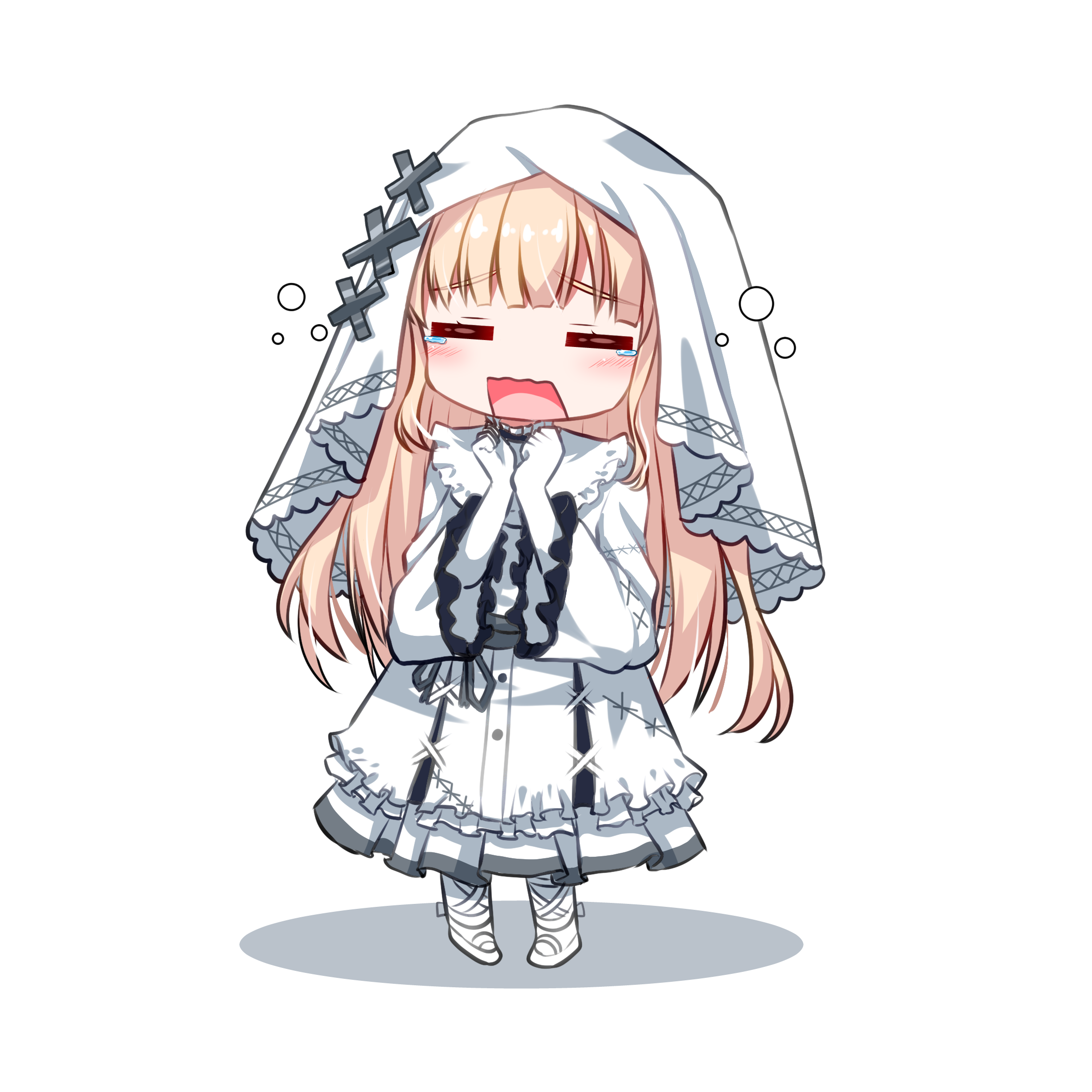 getsuyoshi, hikami meruru, mahou shoujo no majo saiban, commentary, highres, 1girl, = =, blonde hair, blush, chibi, clenched hands, dress, elbow gloves, gloves, hands up, long hair, open mouth, pigeon-toed, priestess, shadow, shoes, simple background, socks, solo, squeans, tearing up, white background, white dress, white gloves, white shoes, white socks, wide sleeves, x ornament, yawning