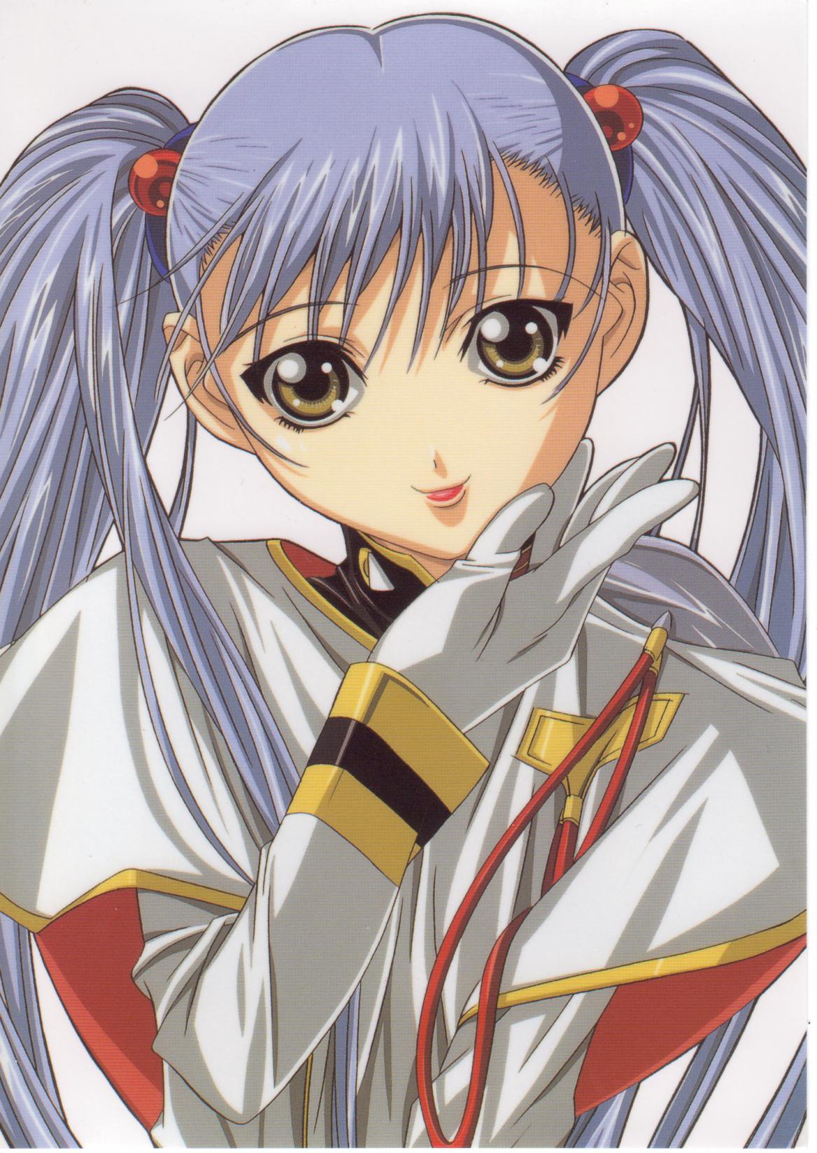 gotou keiji, hoshino ruri, kidou senkan nadesico, kidou senkan nadesico – prince of darkness, highres, 1990s (style), 1girl, blue hair, female focus, gloves, hair ornament, long hair, retro artstyle, solo, sphere hair ornament, twintails, yellow eyes