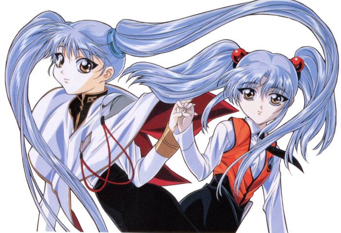 gotou keiji, hoshino ruri, kidou senkan nadesico, kidou senkan nadesico – prince of darkness, 1990s (style), 1girl, blue hair, dual persona, hair bobbles, hair ornament, long hair, necktie, retro artstyle, sphere hair ornament, time paradox, twintails, yellow eyes