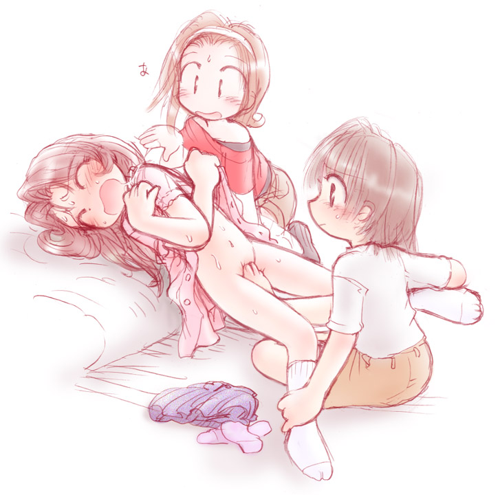 toe, 3girls, bed, blush, feet, female footjob, female orgasm, footjob, hairband, kodomo doushi, loli, multiple girls, navel, open mouth, orgasm, penis, pussy, pussy peek, saliva, skirt, socks, toes, yuri