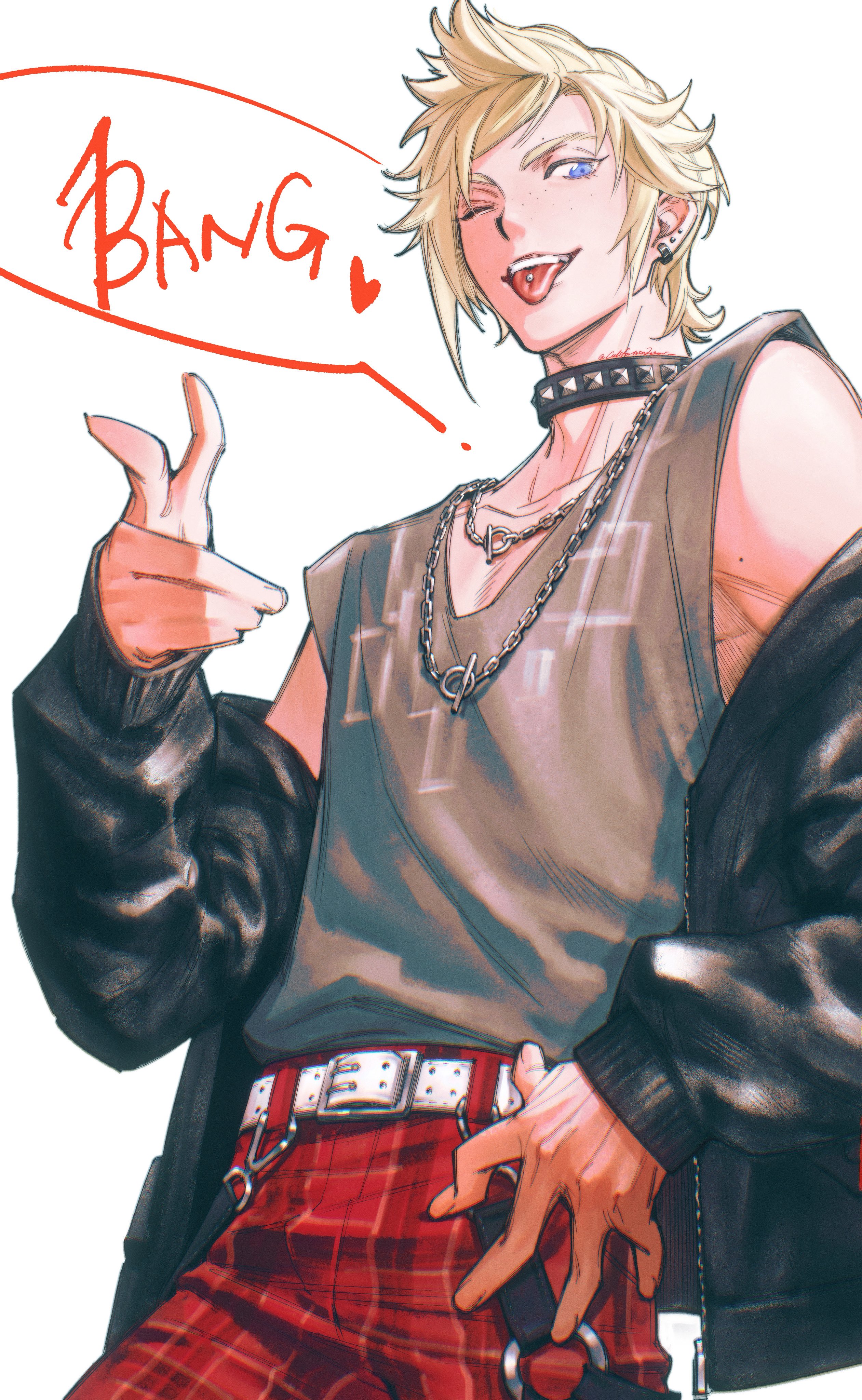 caloserrr, prompto argentum, dissidia duellum final fantasy, dissidia final fantasy, final fantasy, final fantasy xv, absurdres, highres, 1boy, belt, black jacket, blonde hair, blue eyes, chain, chain necklace, cowboy shot, earrings, english text, freckles, grey shirt, hand on own hip, jacket, jacket partially removed, jewelry, looking at viewer, male focus, multiple earrings, multiple necklaces, necklace, official alternate costume, one eye closed, pants, piercing, plaid clothes, plaid pants, pointing, pointing at viewer, print shirt, red pants, shirt, short hair, solo, spiked hair, studded choker, swept bangs, tongue, tongue out, tongue piercing, upper body, white background, white belt