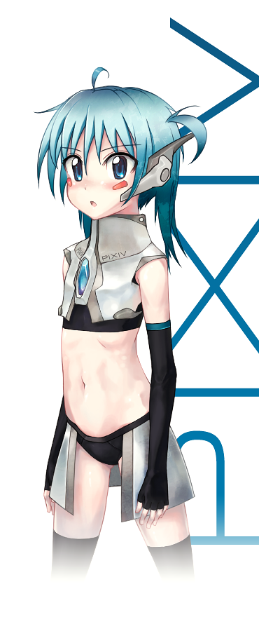midiman, pixiv-tan, pixiv, blue eyes, blue hair, elbow gloves, flat chest, gloves, midriff, navel, solo, thighhighs