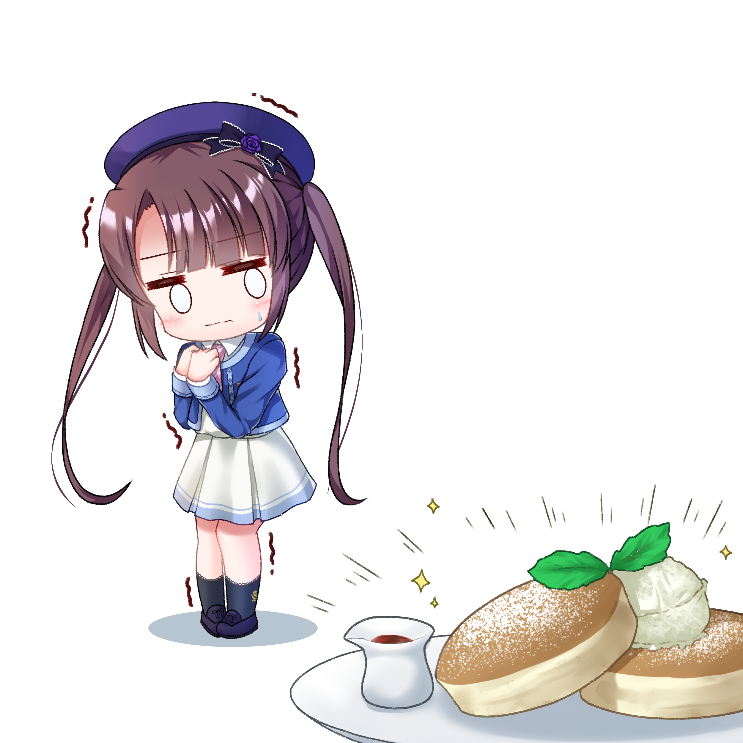 getsuyoshi, shinonome tsumugi (ongeki), ongeki, absurdres, commentary, highres, beret, black bow, black shoes, black socks, blue jacket, blush, bow, bow flower, brown hair, butter, chibi, clenched hands, diagonal-striped clothes, diagonal-striped necktie, dress, flower, food, frilled bow, frills, garnish, hands up, hat, hat bow, jacket, long hair, long sleeves, necktie, no sclera, notice lines, pancake, pigeon-toed, pink necktie, plate, purple flower, purple hat, purple rose, rose, school uniform, shoes, small sweatdrop, socks, sparkle, striped clothes, syrup, trembling, twintails, very long hair, white dress, white eyes