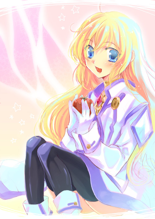shuragyoku mami, colette brunel, tales of (series), tales of symphonia, 00s, 1girl, apple, black pantyhose, blonde hair, blue eyes, choker, dress, female focus, food, fruit, gloves, happy, leggings, legs, long hair, looking at viewer, open mouth, pantyhose, sitting, smile, solo, thick thighs, thighhighs, thighs, tomato, tongue, white dress, white gloves, wings