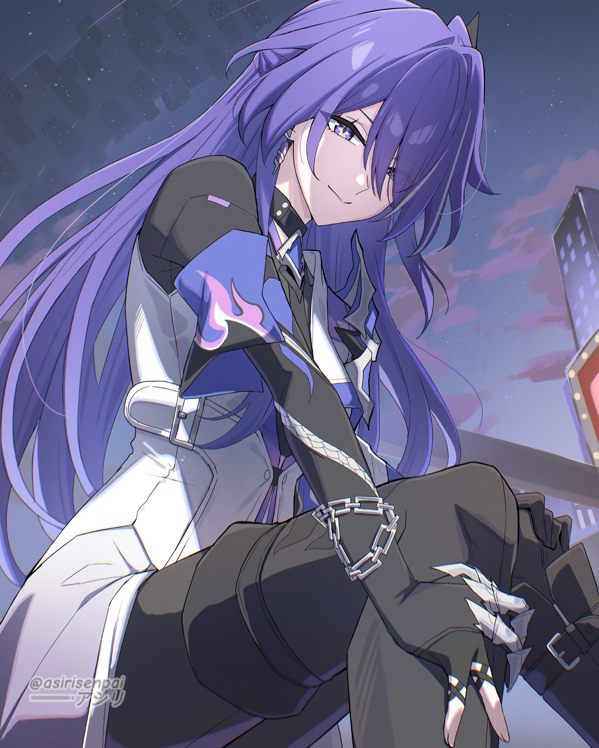 asiri senpai, acheron (honkai: star rail), honkai: star rail, honkai (series), absurdres, highres, 1girl, alternate costume, asymmetrical legwear, black boots, black choker, black shirt, boots, chain, chain around arm, choker, closed mouth, coat, earrings, from below, hair over one eye, jewelry, knee boots, long hair, looking at viewer, outdoors, purple eyes, purple hair, purple sky, shirt, single knee boot, single thigh boot, sitting, sky, smile, solo, thigh boots, white coat