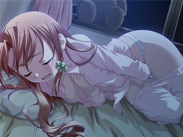 mizuki kotora, narusue futaba, sister sister (troy), grabbing, bed, bedroom, blush, breasts, closed eyes, female orgasm, fingering, grabbing another's breast, hand in panties, long hair, masturbation, open mouth, orgasm, pajamas, panties, ribbon, sweat, underwear, white panties