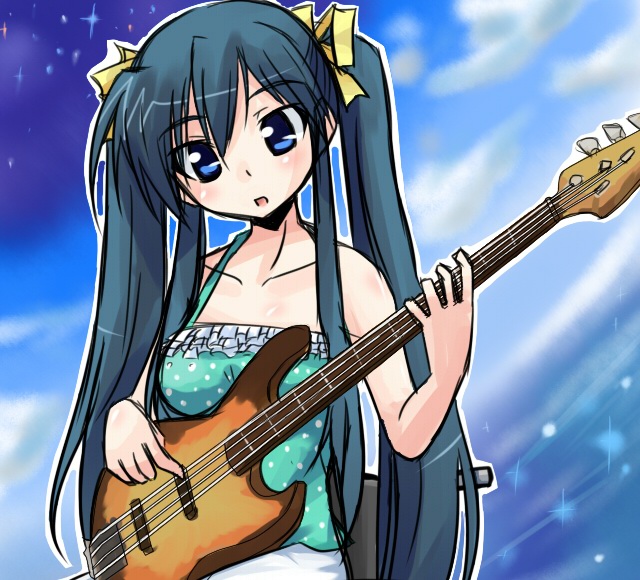 tamane, kinoshita midori, hoshiuta, 1girl, bare shoulders, bass guitar, blue eyes, cloud, female focus, guitar, hair ribbon, instrument, long hair, looking at viewer, outdoors, outline, polka dot, ribbon, sky, solo, twintails, very long hair