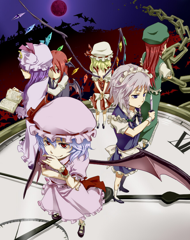 kuroda (artist), kuroda (nanchara flight), flandre scarlet, hong meiling, izayoi sakuya, koakuma, patchouli knowledge, remilia scarlet, embodiment of scarlet devil, touhou, silver hair, bad id, bad pixiv id, 6+girls, arms behind back, bat wings, blonde hair, blue eyes, blue hair, book, chain, clock, crossed arms, everyone, female focus, hat, head wings, knife, long hair, maid, maid headdress, moon, multiple girls, purple hair, red eyes, red hair, red moon, short hair, smirk, wings