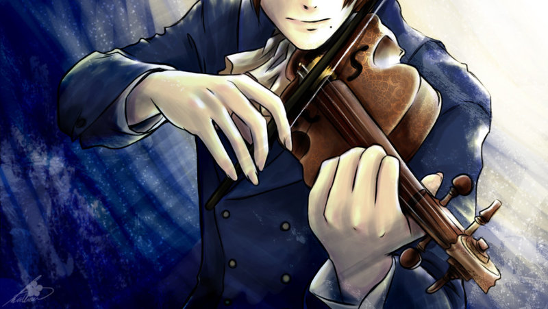 austria (hetalia), axis powers hetalia, 00s, 1boy, ascot, bow (music), formal clothes, head out of frame, instrument, male focus, mole, solo, suit, violin