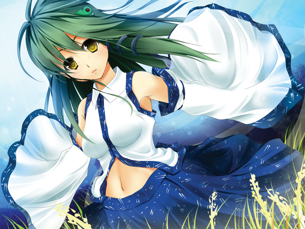 masa (miyabitei), kochiya sanae, touhou, 1girl, breasts, detached sleeves, dutch angle, female focus, grass, green hair, japanese clothes, long hair, midriff, navel, outdoors, sky, solo, wind, yellow eyes