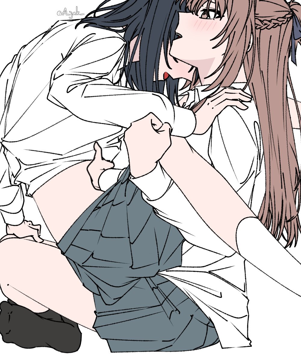 a jak, miyagi shiori, sendai hazuki, shuuniichido classmate wo kau hanashi, highres, 2girls, black hair, black socks, blush, braid, brown eyes, brown hair, grey skirt, half up braid, hand on another's stomach, long hair, multiple girls, open mouth, pleated skirt, school uniform, shirt, simple background, skirt, smile, socks, white background, white shirt, white socks, yuri