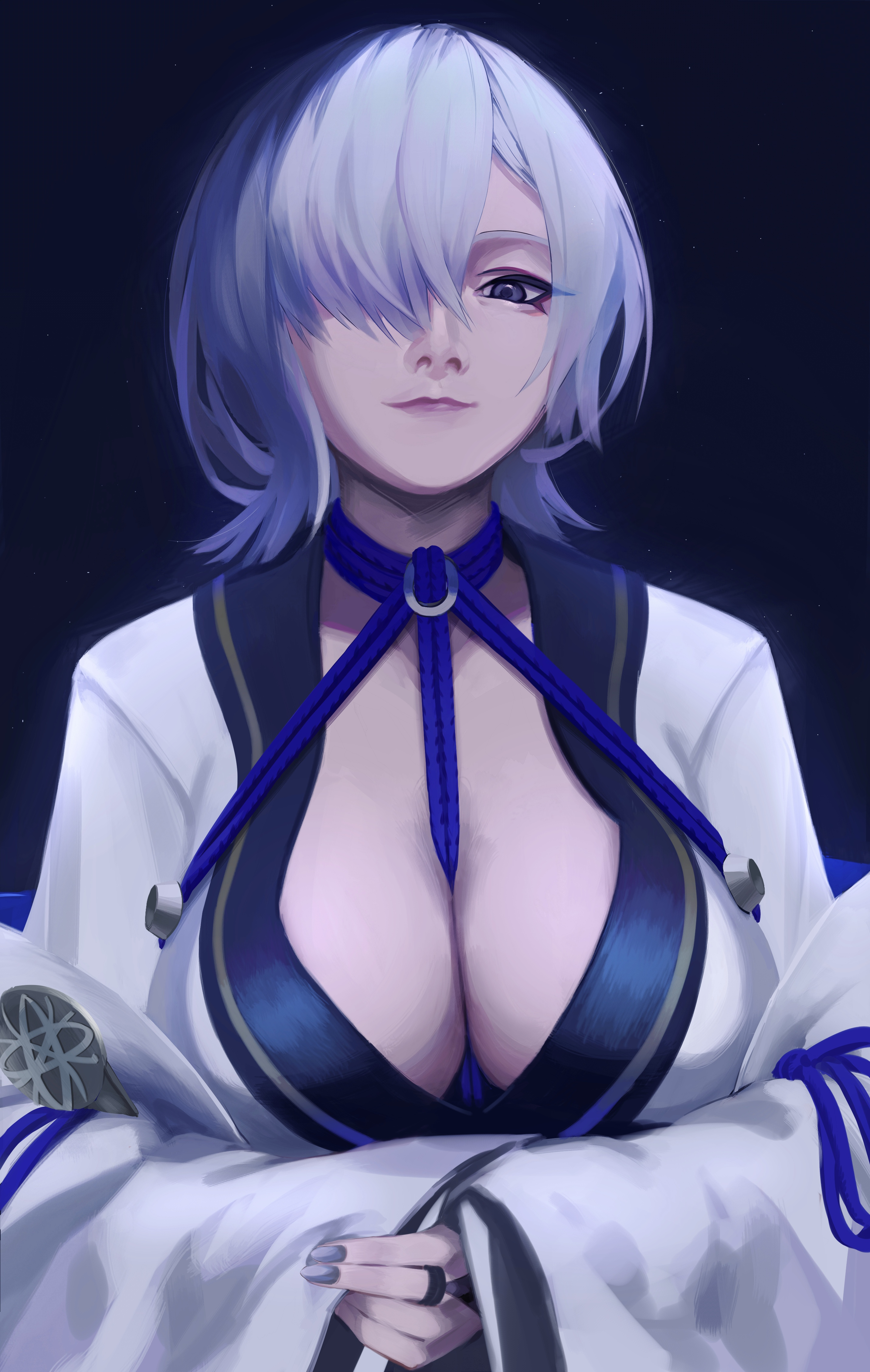 seori (ninja gaiden), ninja gaiden, ninja gaiden 4, absurdres, highres, 1girl, breasts, cleavage, grey hair, hair over one eye, hou lai, japanese clothes, kimono, large breasts, looking at viewer, medium hair, miko, nail polish, nontraditional miko, one eye covered, open clothes, open kimono, rope, shibari, solo, white hair, white kimono