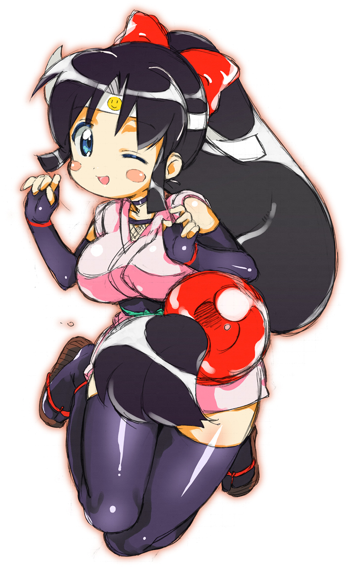 kasuga souichi, shinobu (ninin ga shinobuden), ninin ga shinobuden, 00s, 1girl, black hair, black thighhighs, blue eyes, blunt bangs, blush, blush stickers, bow, choker, elbow gloves, female focus, fingerless gloves, fishnets, gloves, hair bow, hair ornament, headband, japanese clothes, kimono, long hair, low-tied long hair, obi, one eye closed, ponytail, purple thighhighs, sandals, sash, short kimono, smile, solo, sphere hair ornament, thighhighs, wink, zettai ryouiki