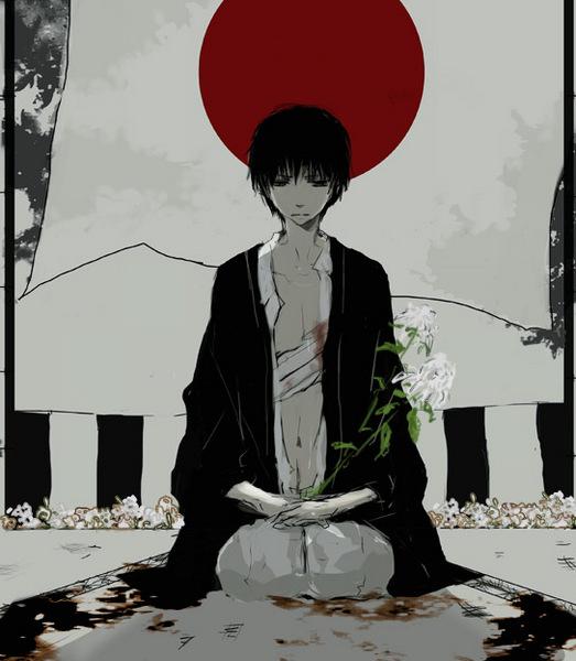 japan (hetalia), axis powers hetalia, 00s, bandages, blouse, flag, flower, japanese clothes, japanese flag, male focus, open clothes, open shirt, shirt, solo