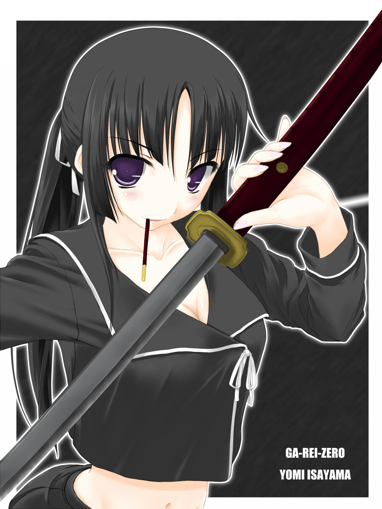 asamiya, isayama yomi, ga-rei, ga-rei zero, 00s, 1girl, black hair, breasts, cleavage, female focus, food, katana, long hair, medium breasts, midriff, pocky, purple eyes, school uniform, serafuku, skirt, solo, sword, weapon