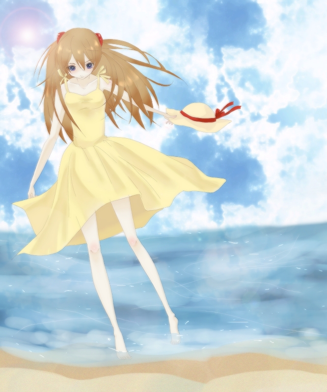 marukaruka, rukaruca, souryuu asuka langley, evangelion: 2.0 you can (not) advance, neon genesis evangelion, rebuild of evangelion, bad id, bad pixiv id, 00s, 1girl, barefoot, beach, blue eyes, brown hair, cloud, day, dress, female focus, hair ornament, hairclip, hat, holding, holding unworn clothes, holding unworn hat, lens flare, looking down, outdoors, sky, solo, sun hat, sunlight, unworn hat, unworn headwear, wading, yellow dress