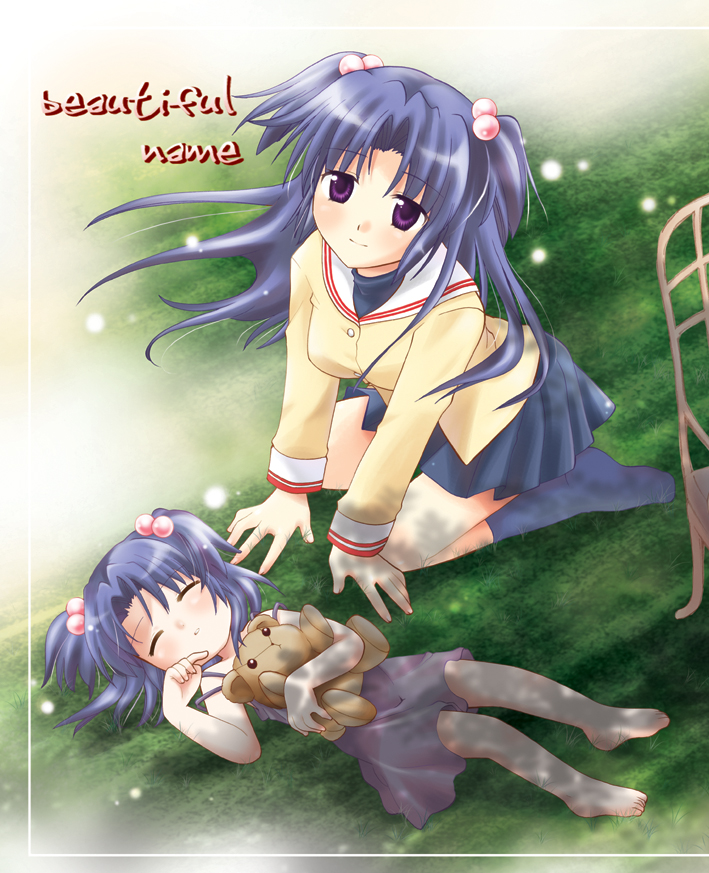 usami wataru, ichinose kotomi, clannad, 00s, 2girls, barefoot, blazer, blue hair, child, closed eyes, dress, dual persona, feet, from above, grass, hair bobbles, hair ornament, jacket, kneeling, long hair, looking up, lying, miniskirt, multiple girls, on back, outdoors, pleated skirt, purple eyes, school uniform, skirt, sleeping, smile, socks, stuffed animal, stuffed toy, teddy bear, time paradox, toes, twintails, two side up