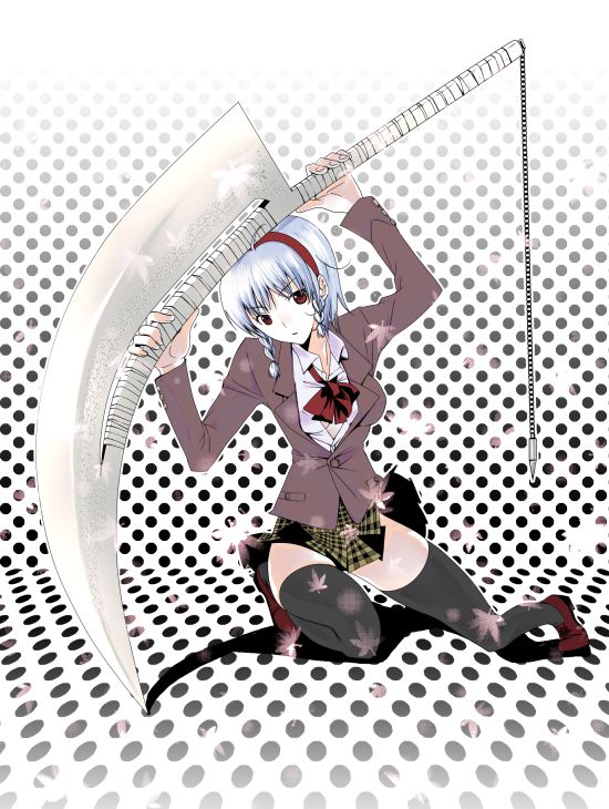 jakou nezumi, 1girl, black thighhighs, blazer, bow, bowtie, braid, female focus, hairband, headband, huge weapon, jacket, open clothes, plaid clothes, plaid skirt, polka dot, polka dot background, red eyes, red shoes, school uniform, shoes, side braid, skirt, solo, thighhighs, twin braids, weapon, zettai ryouiki