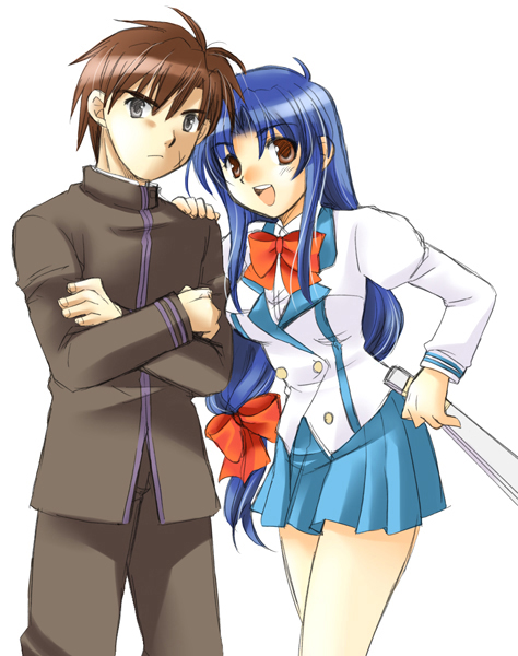 usami wataru, chidori kaname, sagara sousuke, full metal panic!, 00s, 1boy, 1girl, blue eyes, blue hair, brown eyes, brown hair, hand fan, harisen, long hair, low-tied long hair, scar, school uniform, short hair