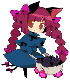 azuma seiji, kaenbyou rin, touhou, lowres, 1girl, animal ears, bow, braid, cat, cat ears, cat tail, chibi, female focus, full body, hair bow, hair ribbon, long hair, multiple hair bows, pink hair, red eyes, ribbon, simple background, solo, tail, twin braids, very long hair