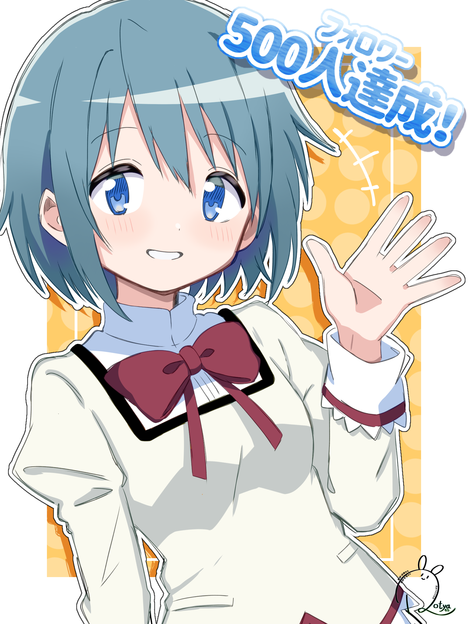 dotya45, miki sayaka, mahou shoujo madoka magica, mahou shoujo madoka magica (anime), highres, translation request, 1girl, blue eyes, blue hair, bow, clenched teeth, hair bow, juliet sleeves, long sleeves, looking at viewer, mitakihara school uniform, puffy sleeves, red bow, school uniform, shirt, shirt under sweater, short hair, solo, sweater, teeth, waving, white shirt, yellow sweater