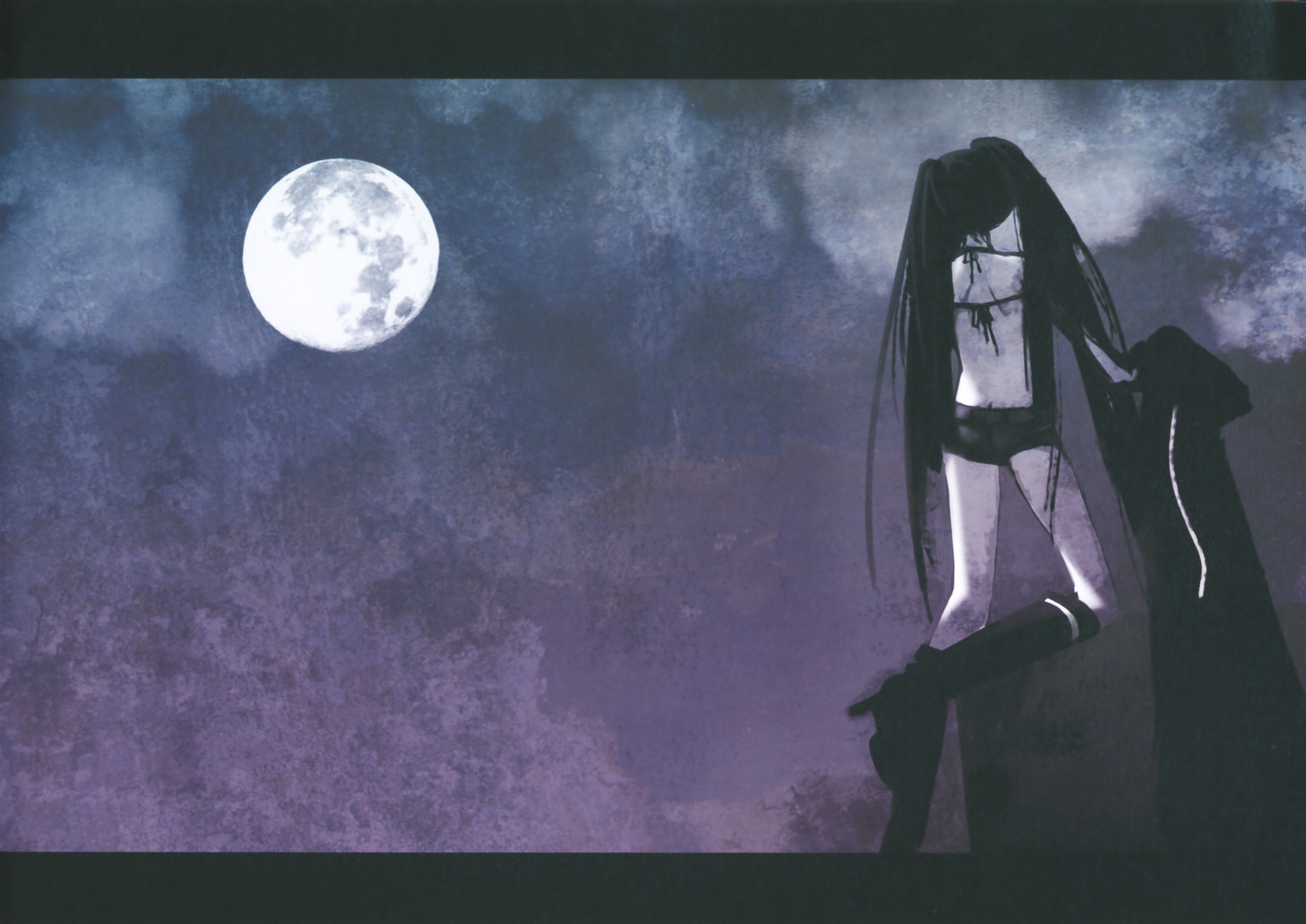 huke, black rock shooter (character), black rock shooter, absurdres, highres, huge filesize, 10s, back, black hair, boots, butt crack, from behind, high heels, knee boots, long hair, moon, night, pale skin, shoes, short shorts, shorts, solo, twintails, very long hair