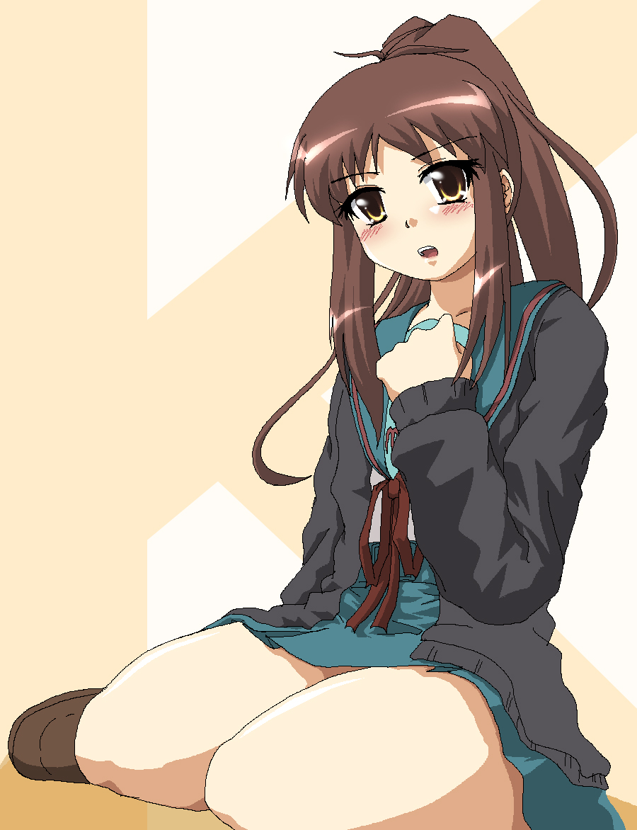 hayashiya zankurou, kyonko, suzumiya haruhi no yuuutsu, 00s, 1girl, artistic error, brown eyes, brown hair, cardigan, female focus, genderswap, genderswap (mtf), long hair, ponytail, school uniform, serafuku, solo