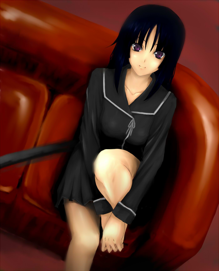 kobuchi, isayama yomi, ga-rei, ga-rei zero, 00s, black hair, blunt bangs, hime cut, long hair, purple eyes, school uniform, serafuku, smile, solo