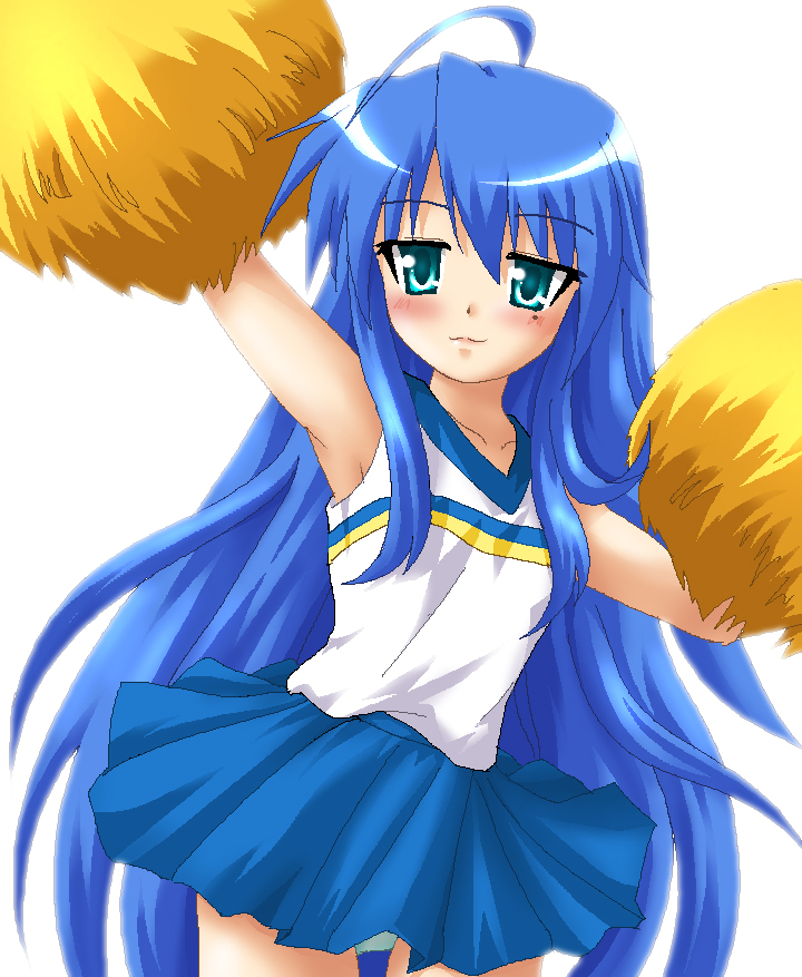 hayashiya zankurou, izumi konata, lucky star, suzumiya haruhi no yuuutsu, derivative work, 1girl, ahoge, armpits, blue hair, cheerleader, cosplay, female focus, green eyes, long hair, mole, mole under eye, oekaki, panties, pantyshot, pom pom (cheerleading), solo, underwear